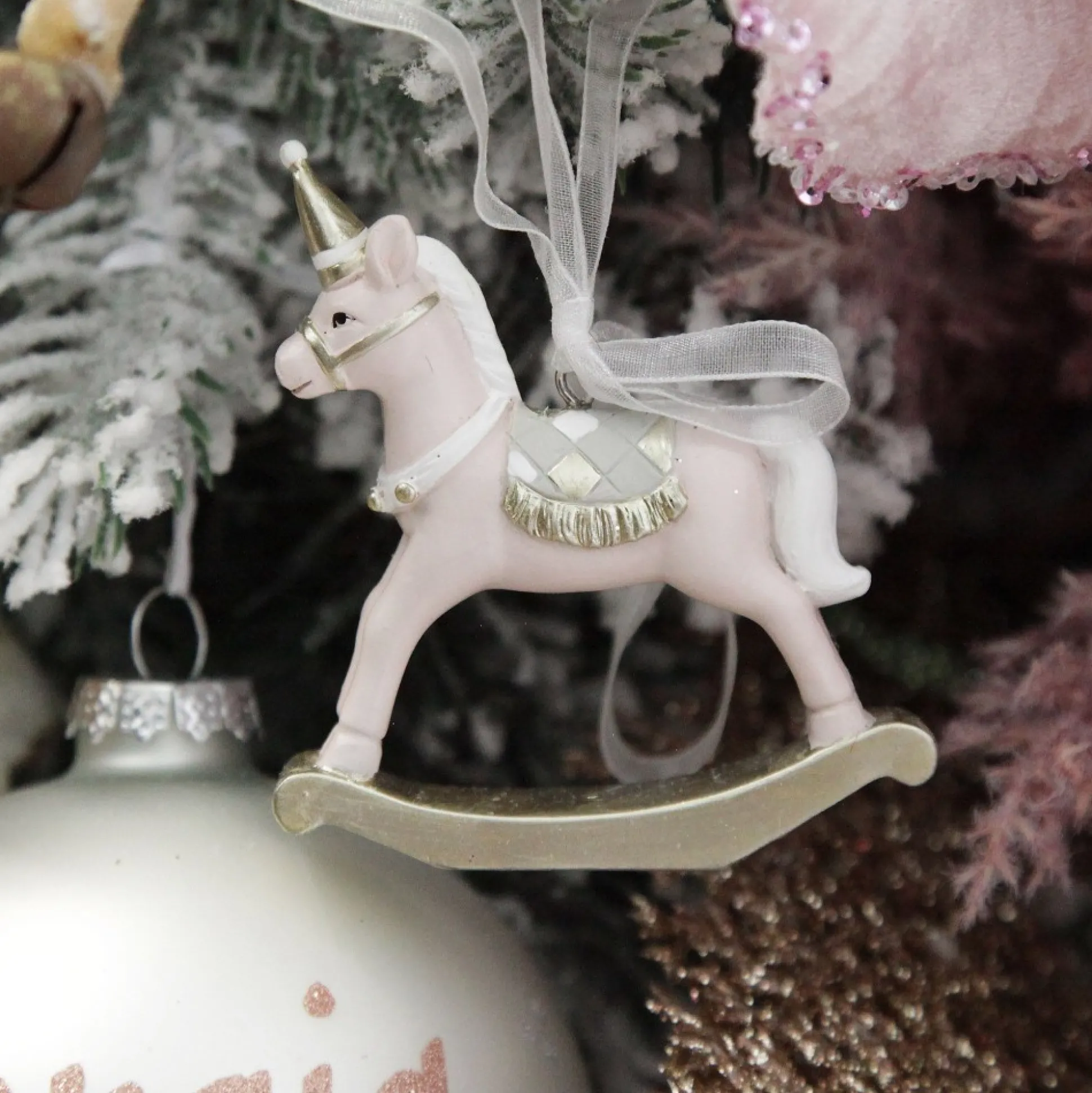Adorable Pink Rocking Horse and Nutcracker Christmas Decoration - Set of 2 Christmas Tree Decorations|