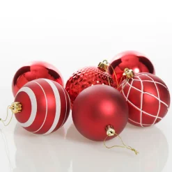 Assorted Decorative Red and White Shatterproof Christmas Baubles - Set of 6 Christmas Bauble Sets|