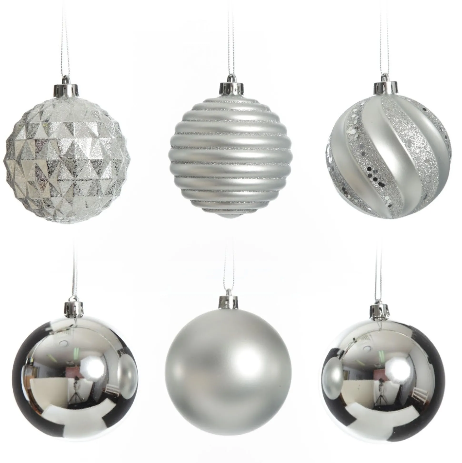 Assorted Decorative Silver Shatterproof Christmas Baubles - Set of 6 Christmas Bauble Sets|