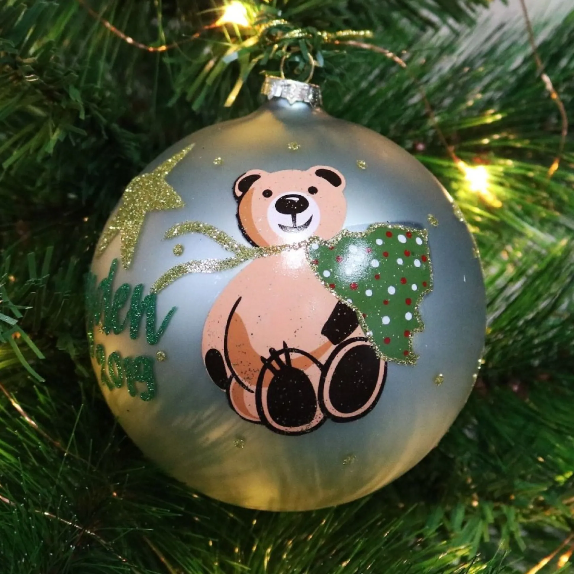 Baby Blue Christmas Bear with Tree Bauble Personalised Baubles|