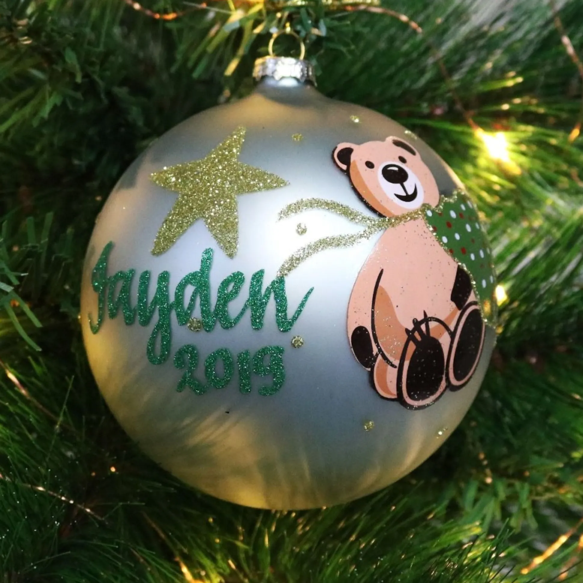 Baby Blue Christmas Bear with Tree Bauble Personalised Baubles|