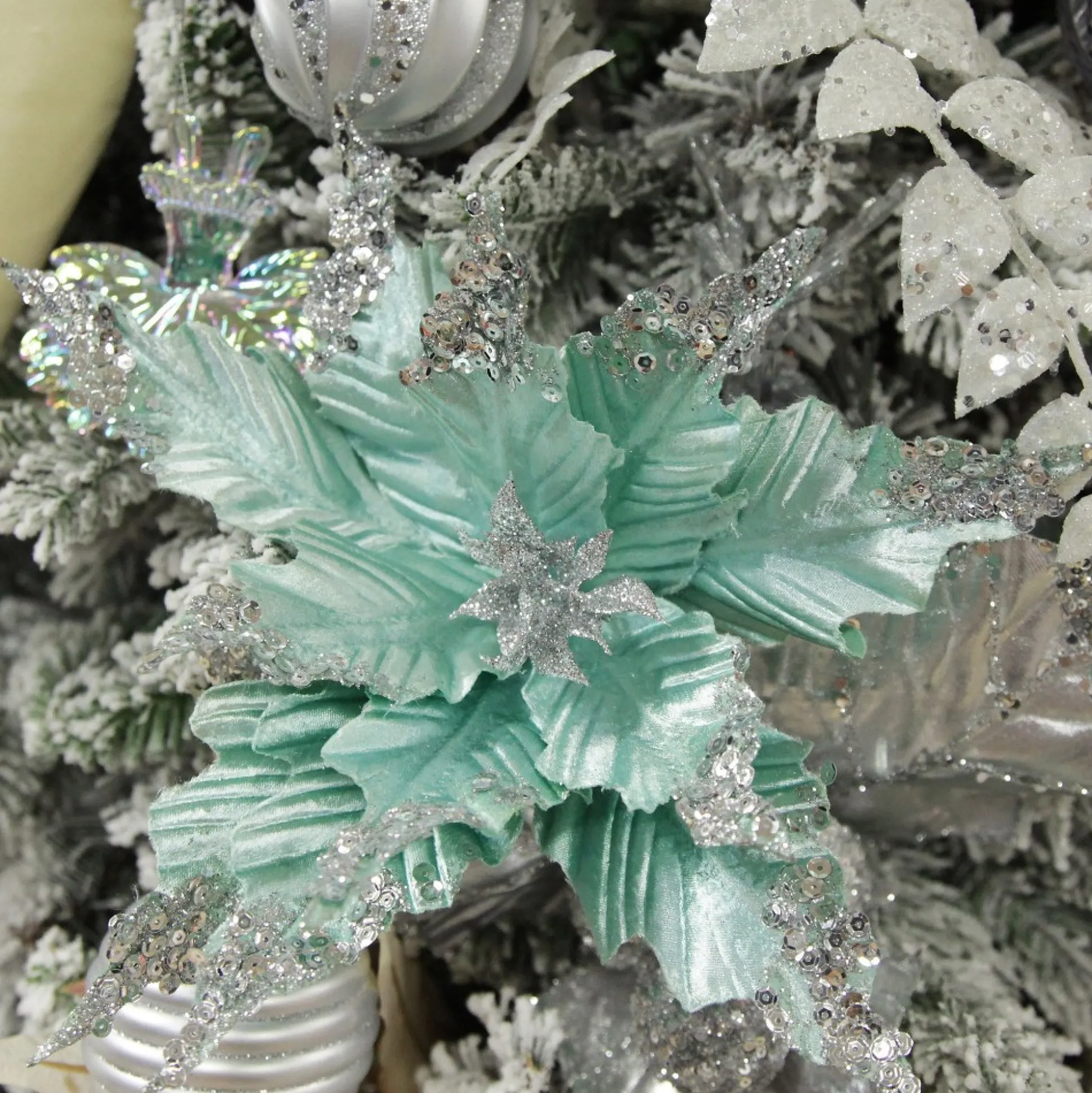 Baby Blue Sequin Poinsettia Flower Stem Christmas Flowers|