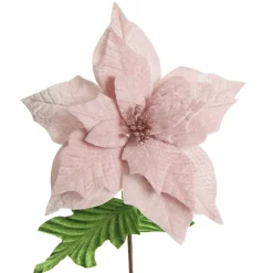 Baby Pink Velvet Poinsettia Flower Stem with Green Leaves Christmas Flowers|