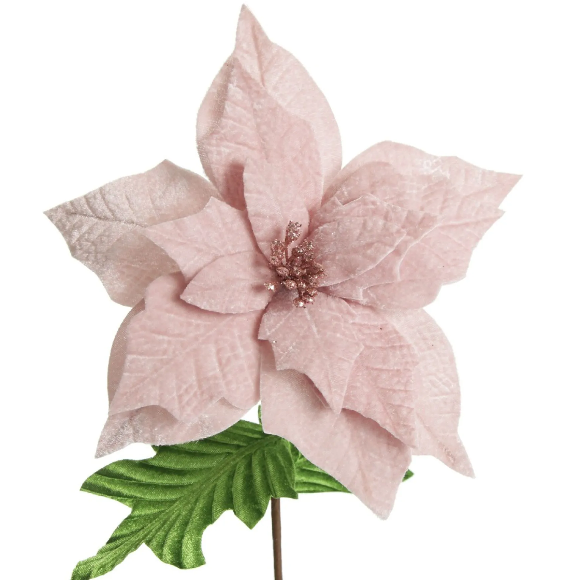 Baby Pink Velvet Poinsettia Flower Stem with Green Leaves Christmas Flowers|