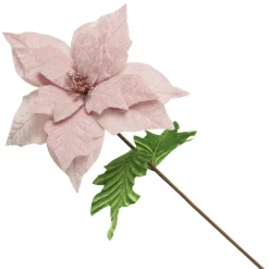 Baby Pink Velvet Poinsettia Flower Stem with Green Leaves Christmas Flowers|