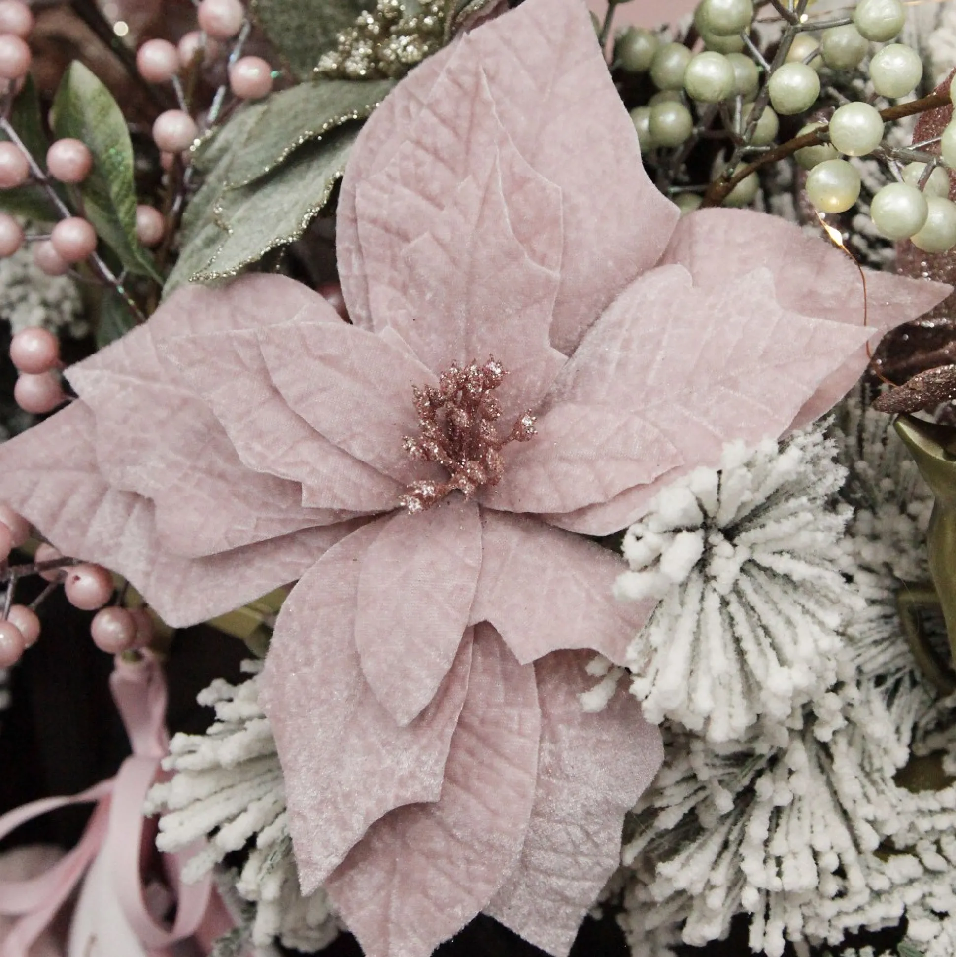 Baby Pink Velvet Poinsettia Flower Stem with Green Leaves Christmas Flowers|