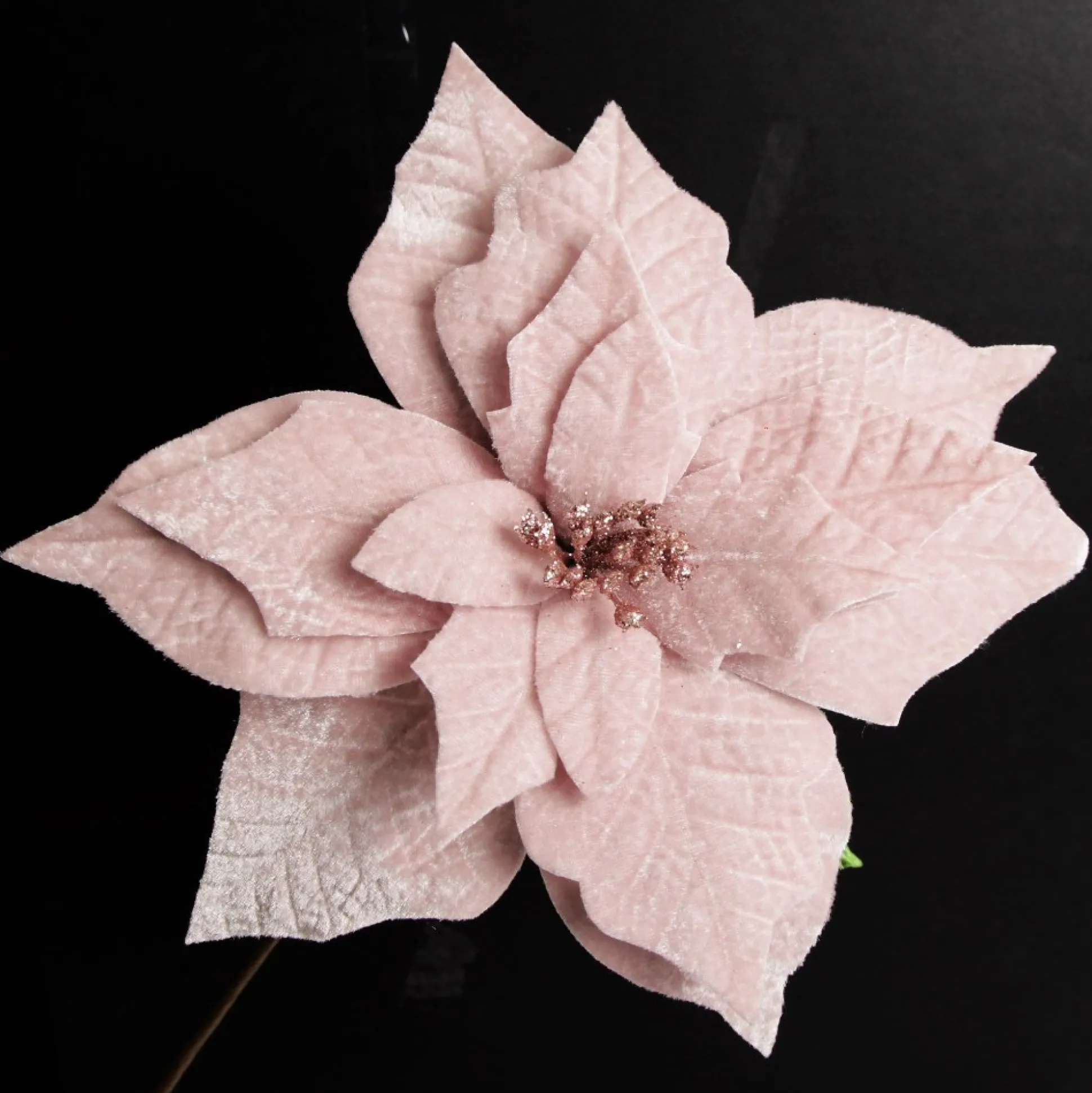 Baby Pink Velvet Poinsettia Flower Stem with Green Leaves Christmas Flowers|