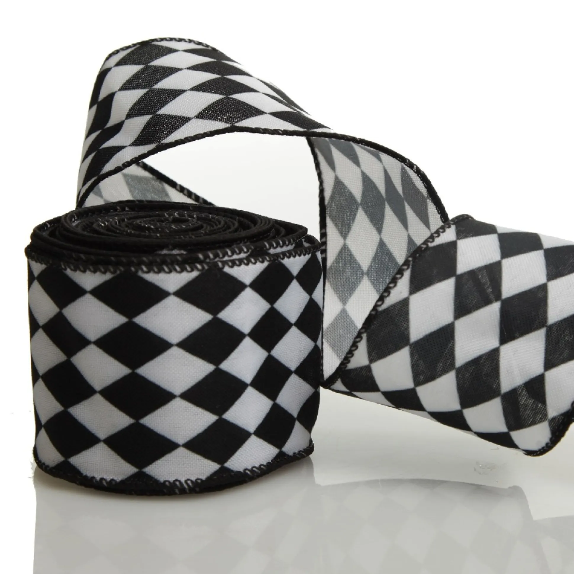 Black and White Harlequin Diamond Pattern Wired Ribbon - 6.5cm Ribbons|