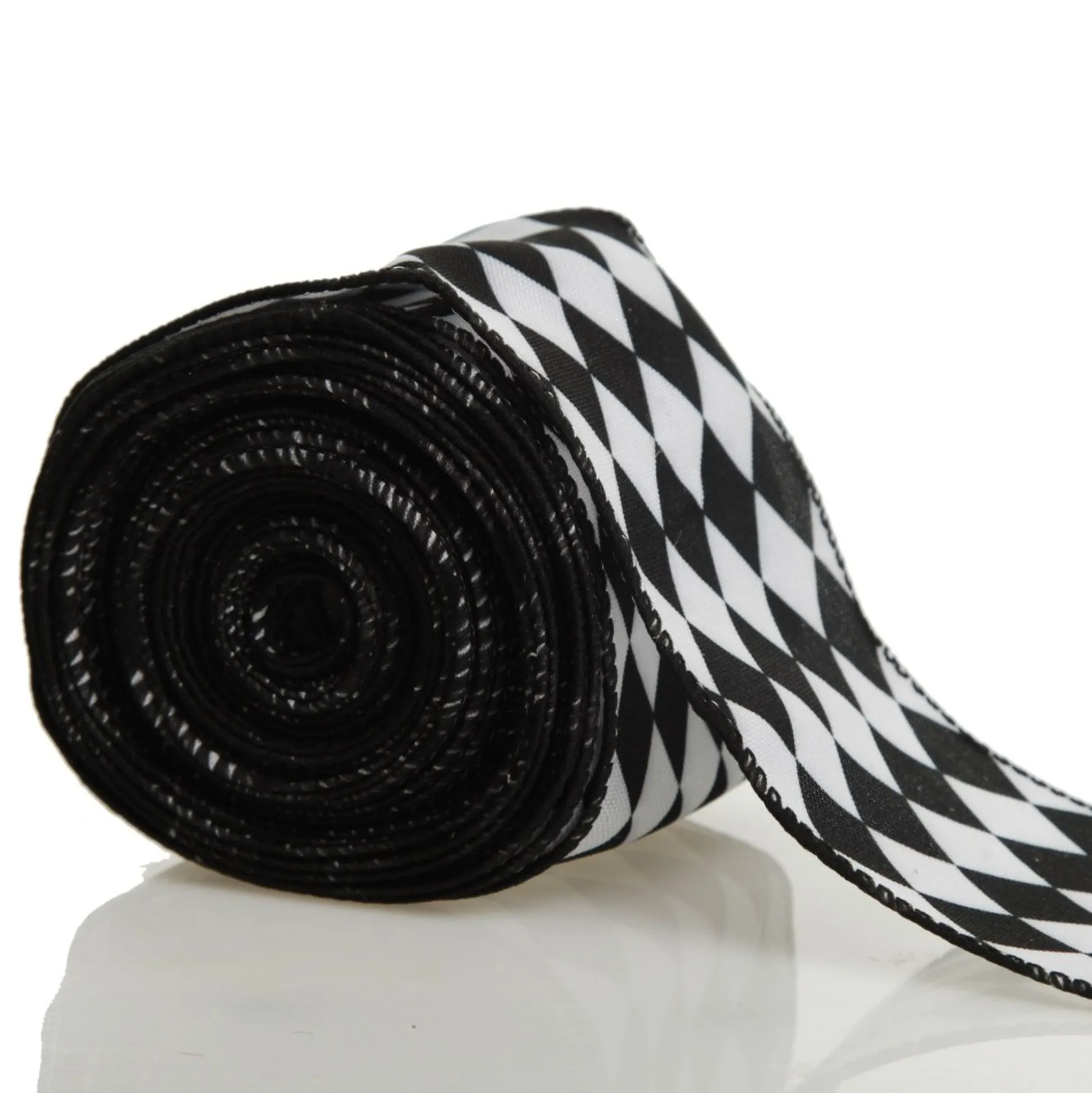 Black and White Harlequin Diamond Pattern Wired Ribbon - 6.5cm Ribbons|