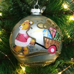Blue Christmas Bear with Cart Bauble Personalised Baubles|