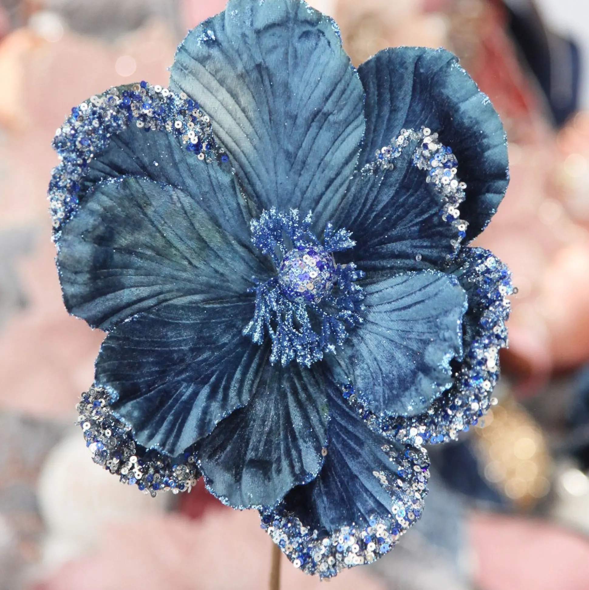 Blue Magnolia Stem with Sequin Tips Christmas Flowers|