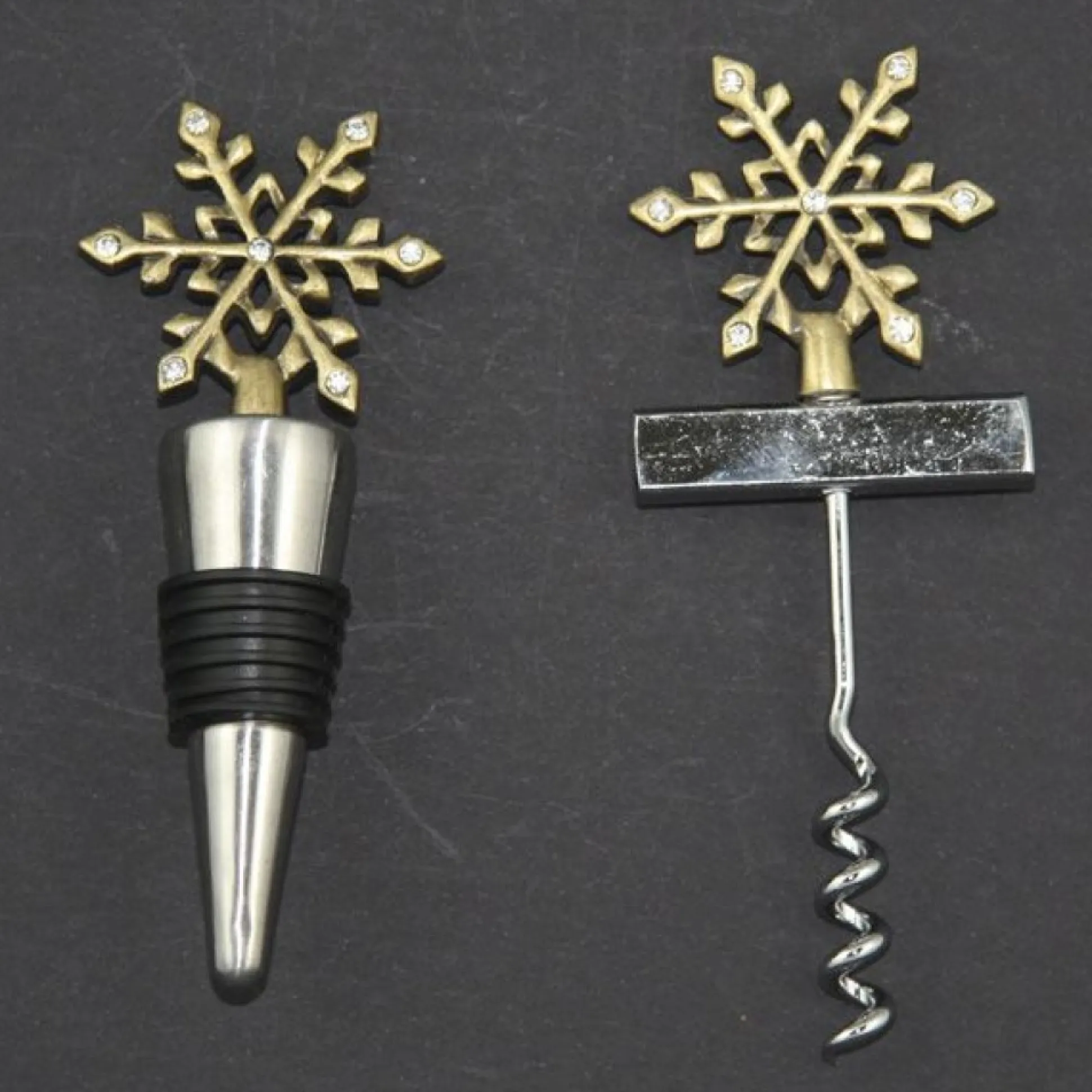 Brass Snowflake Corkscrew and Bottle Stopper Gift Set Christmas Gifts|