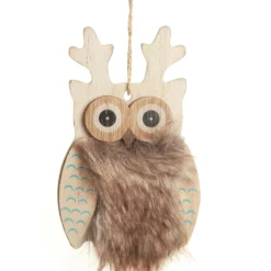 Brown Wood Owl Tree Decorations with Fur & Bells Christmas Tree Decorations|