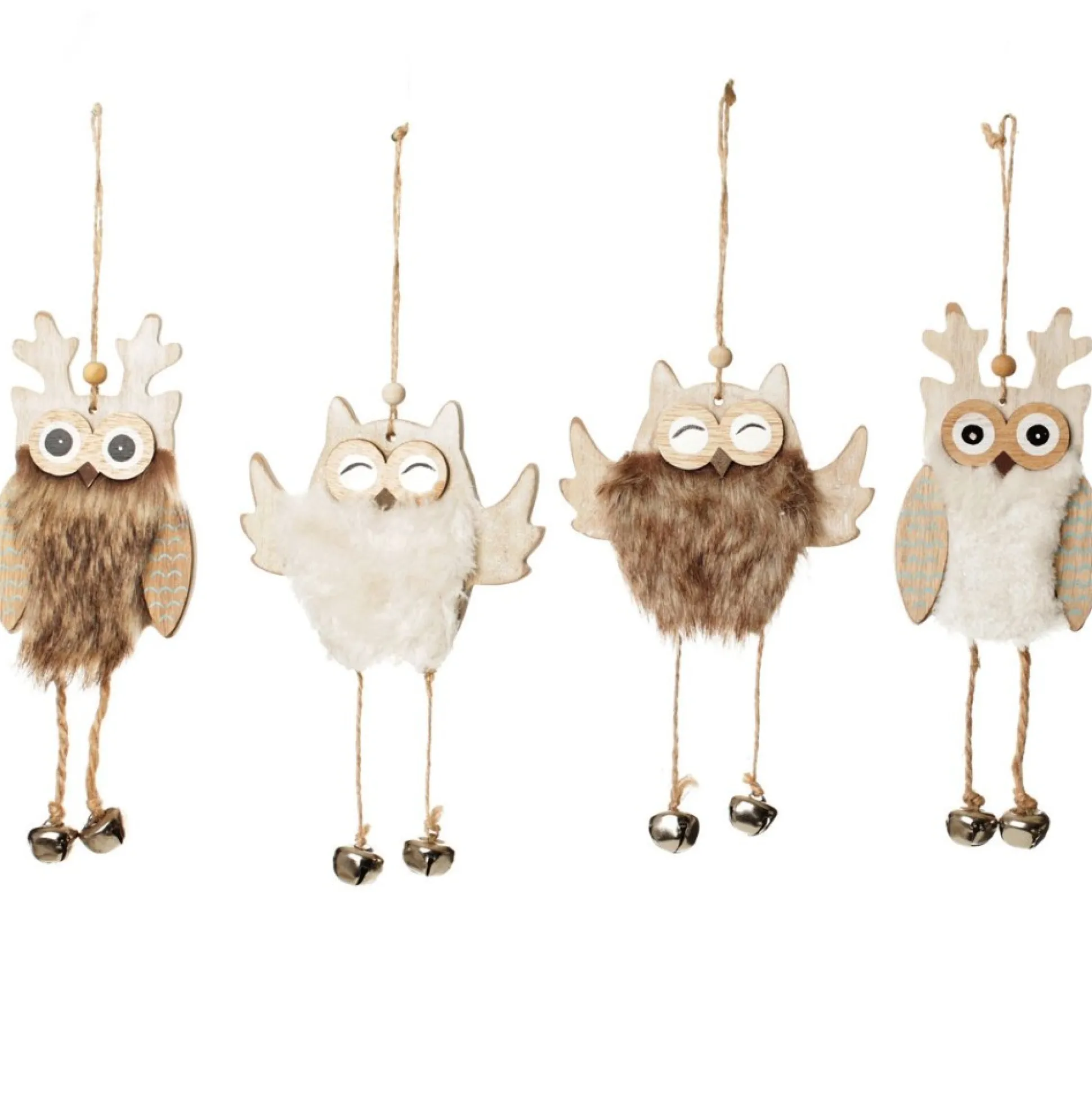Brown Wood Owl Tree Decorations with Fur & Bells Christmas Tree Decorations|