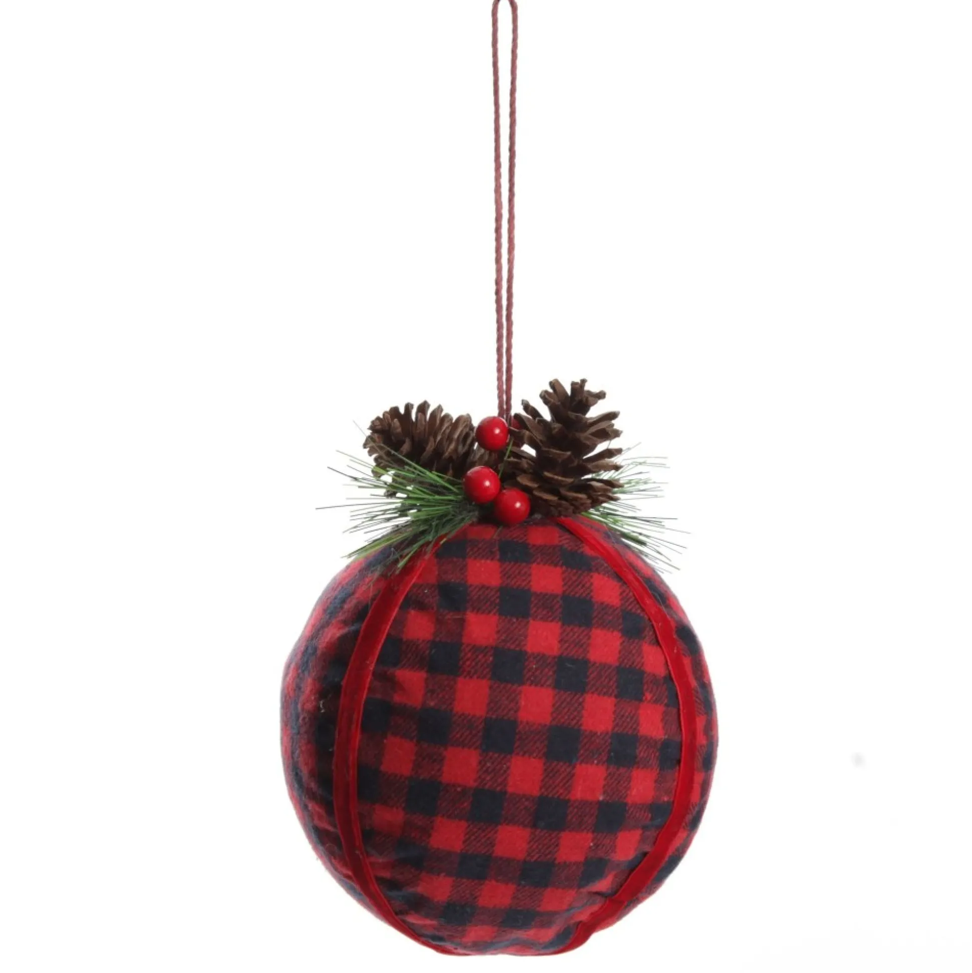 Buffalo Check Bauble with Pine and Cone Topper Decorative Christmas Baubles|