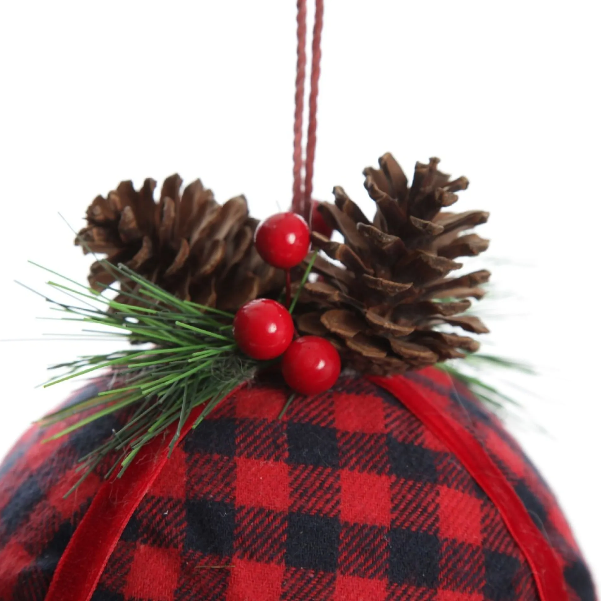 Buffalo Check Bauble with Pine and Cone Topper Decorative Christmas Baubles|