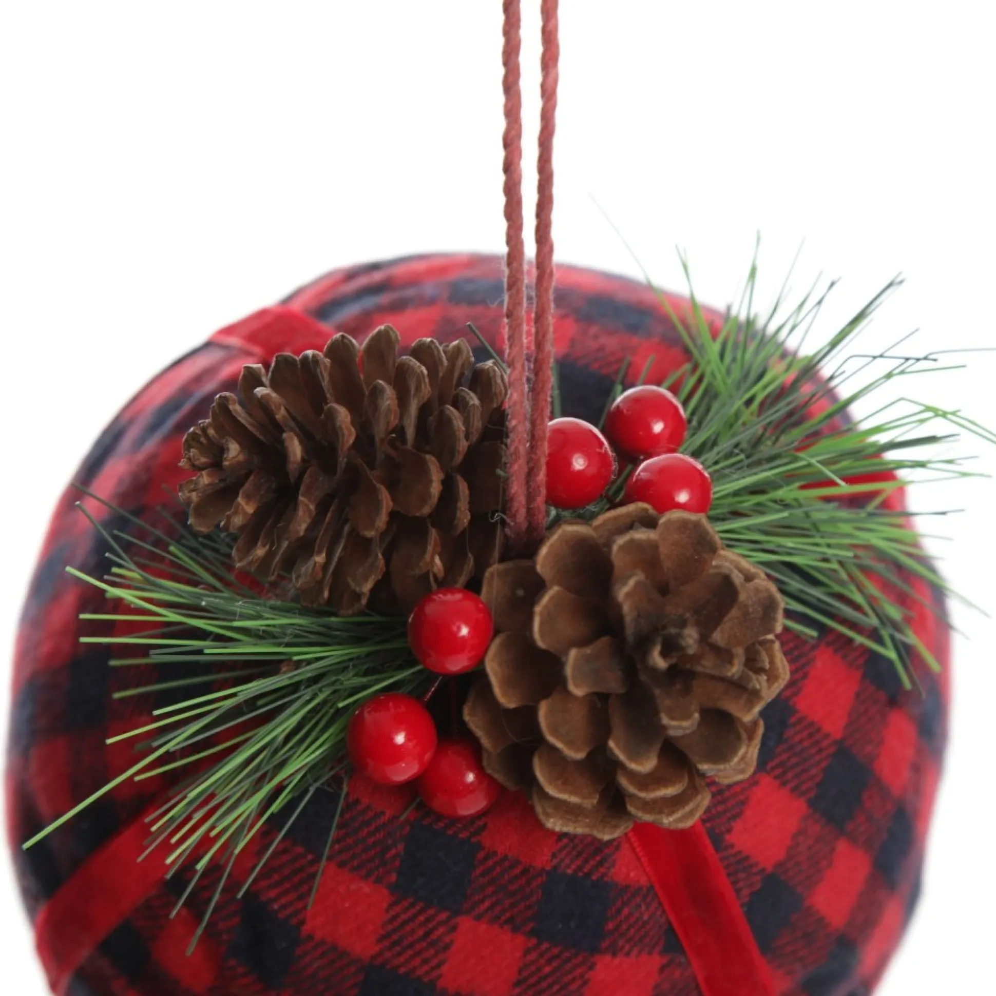 Buffalo Check Bauble with Pine and Cone Topper Decorative Christmas Baubles|
