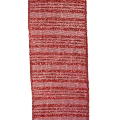 Burgundy Glitter and Linen Striped Wired Ribbon - 6.5cm Ribbons|