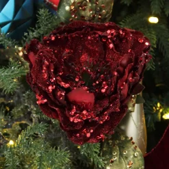 Burgundy Peonie Flower Stem with Glitter Sprinkles Christmas Flowers|