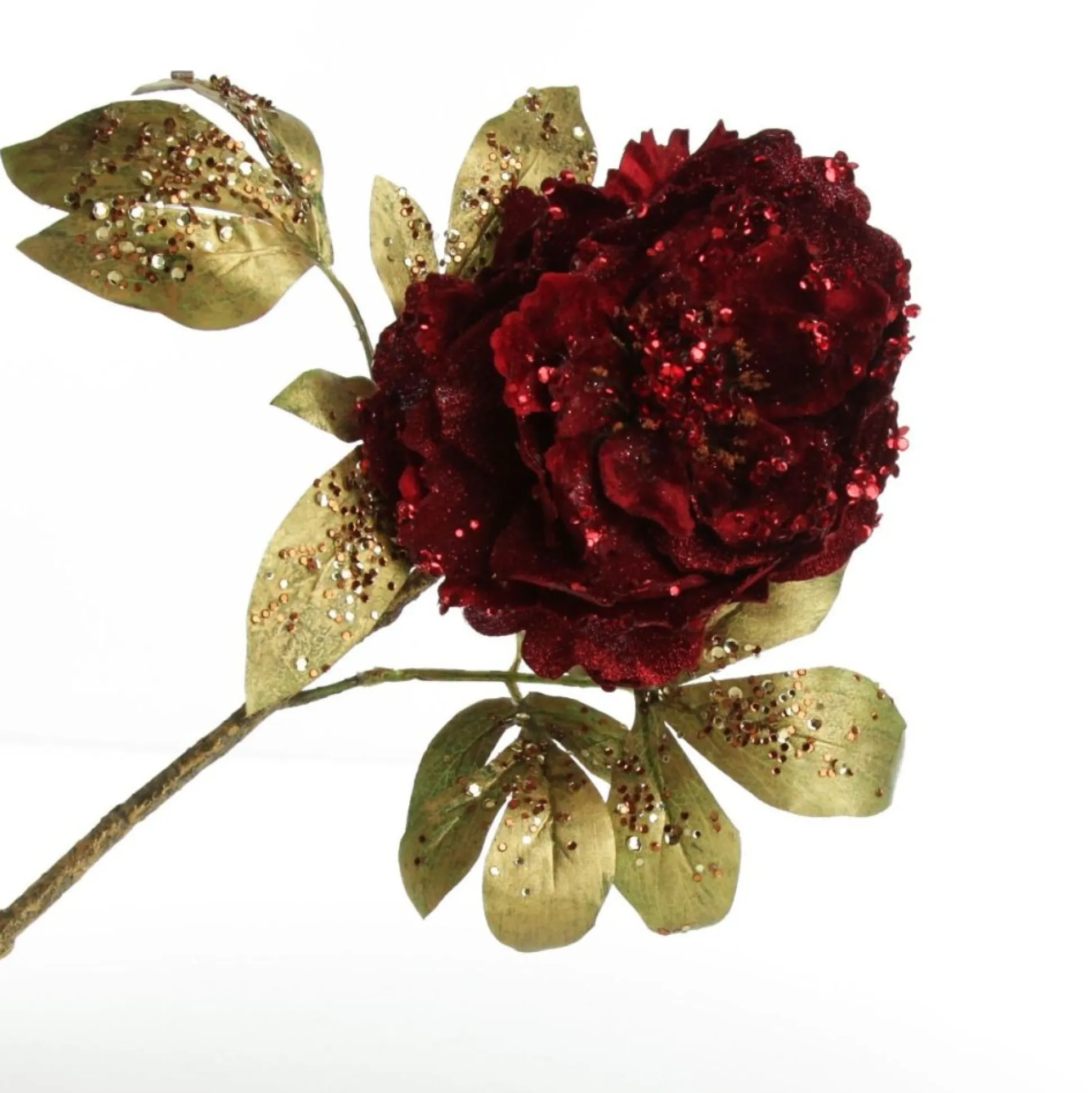 Burgundy Peonie Flower Stem with Glitter Sprinkles Christmas Flowers|