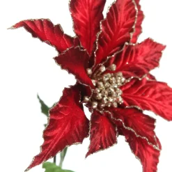 Burgundy Velvet Poinesttia Flower Stem with Gold Glitter Christmas Flowers|