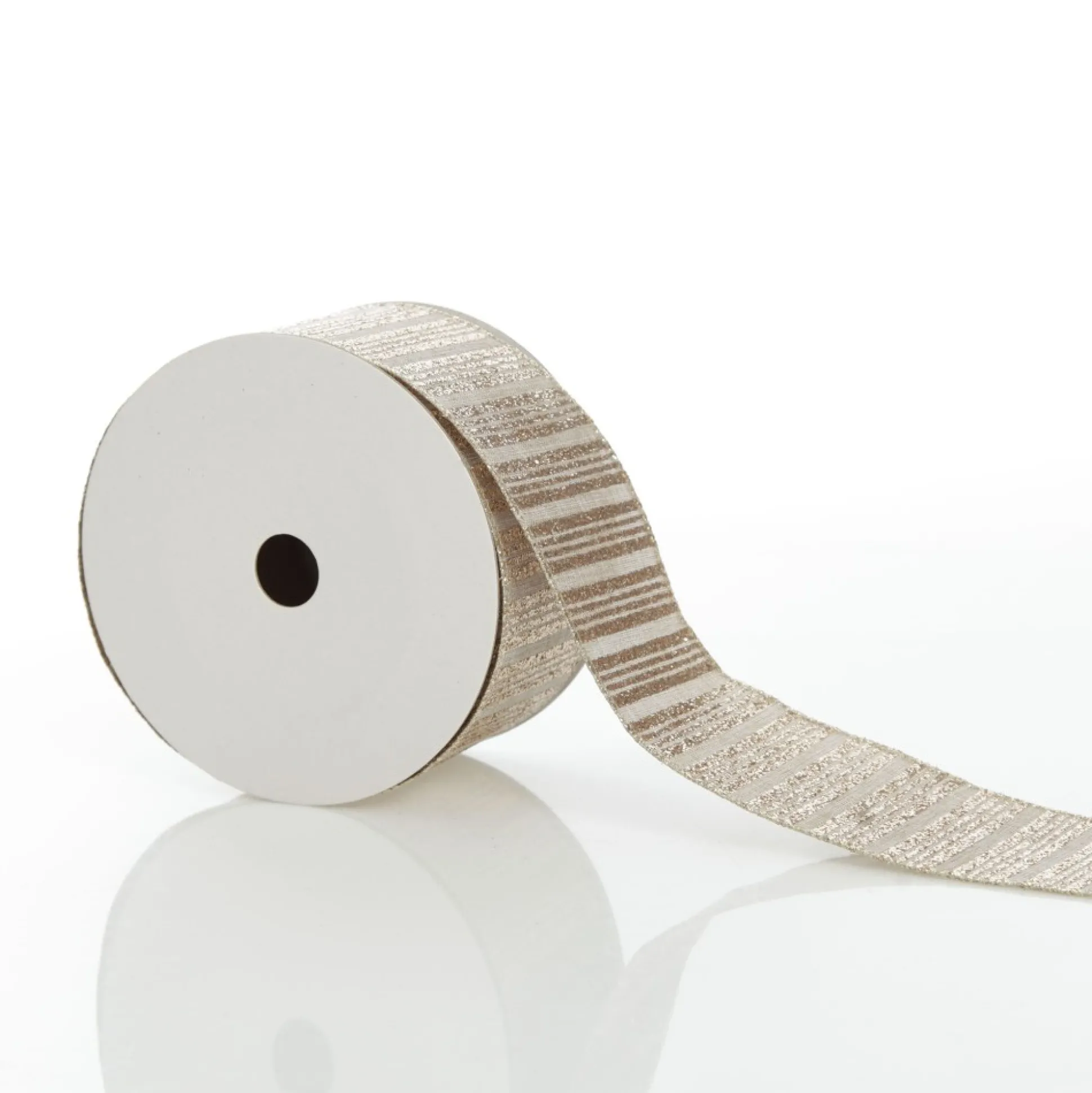 Champagne Glitter and Linen Striped Wired Ribbon - 6.5cm Ribbons|