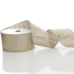 Champagne Glitter and Linen Striped Wired Ribbon - 6.5cm Ribbons|