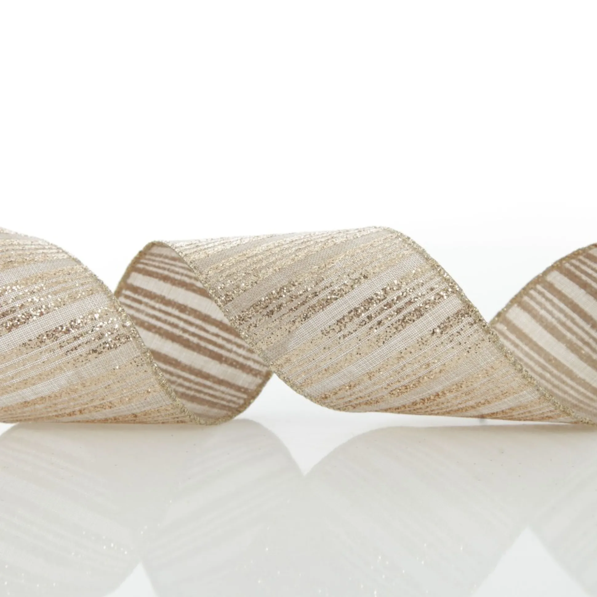 Champagne Glitter and Linen Striped Wired Ribbon - 6.5cm Ribbons|