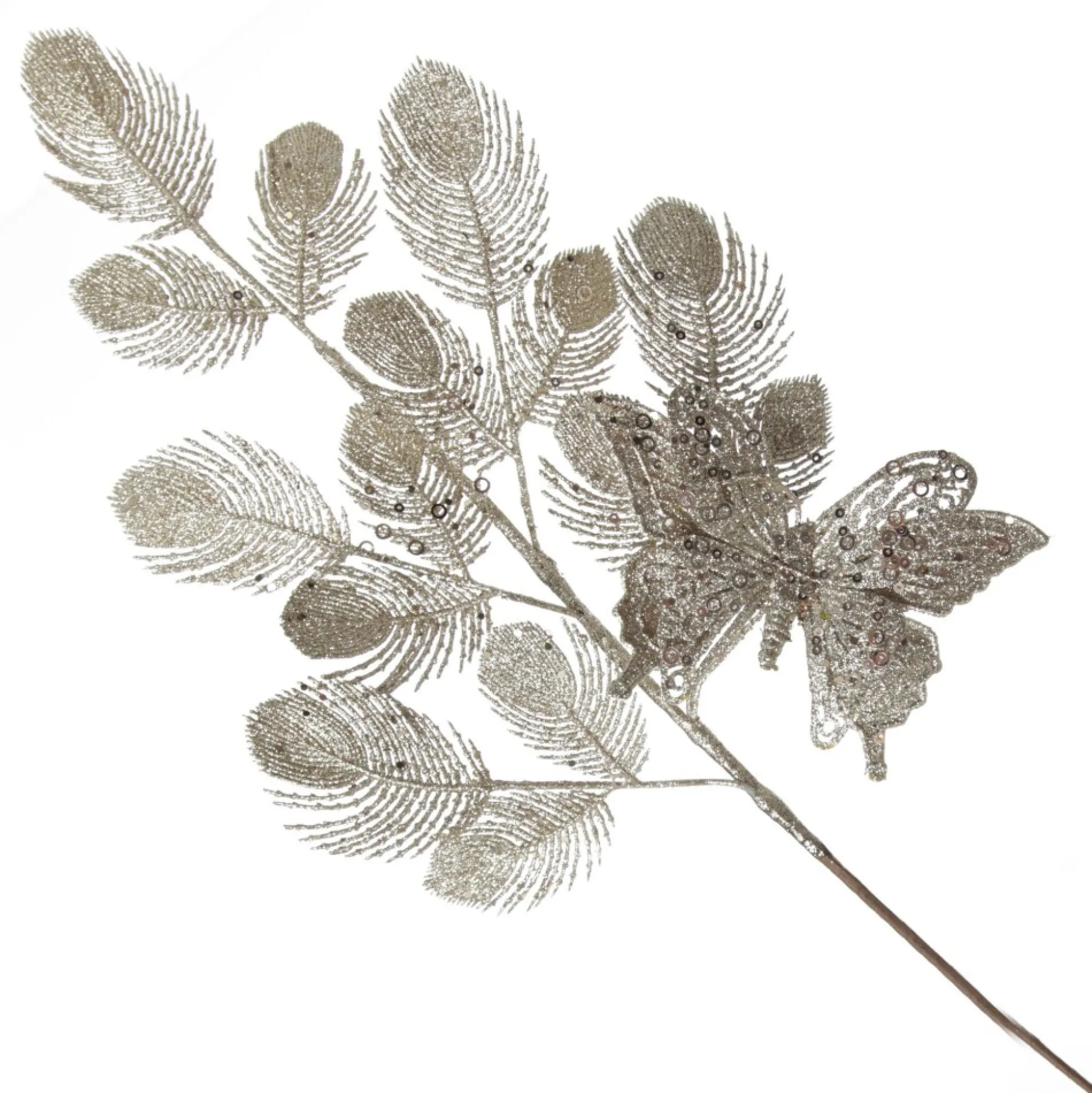 Champagne Glitter Feathers with Butterfly Spray Pick Christmas Sprays|