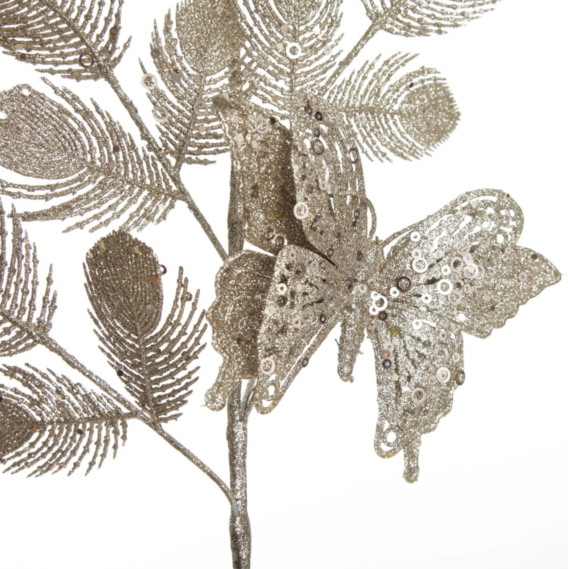 Champagne Glitter Feathers with Butterfly Spray Pick Christmas Sprays|