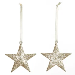 Champagne Glitter Star Tree Decorations - Set of 2 Snowflakes And Stars|