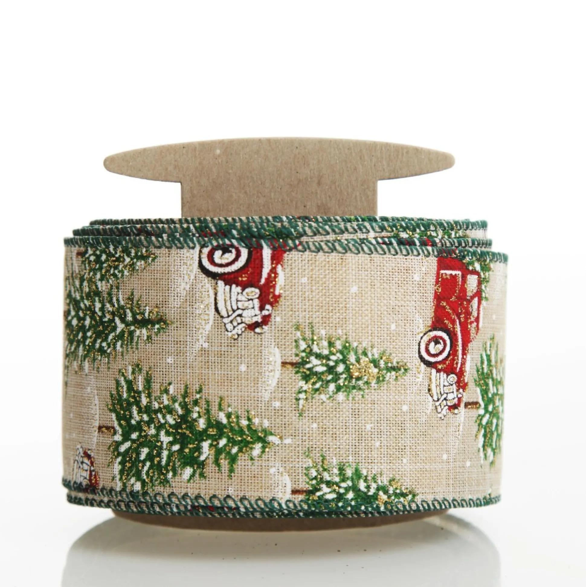 Christmas Ute with Snowy Trees Natural Linen Wired Ribbon - 6.25cm Ribbons|