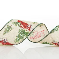 Christmas Ute with Snowy Trees Natural Linen Wired Ribbon - 6.25cm Ribbons|