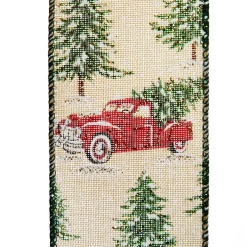 Christmas Ute with Snowy Trees Natural Linen Wired Ribbon - 6.25cm Ribbons|