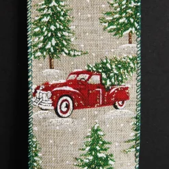 Christmas Ute with Snowy Trees Natural Linen Wired Ribbon - 6.25cm Ribbons|