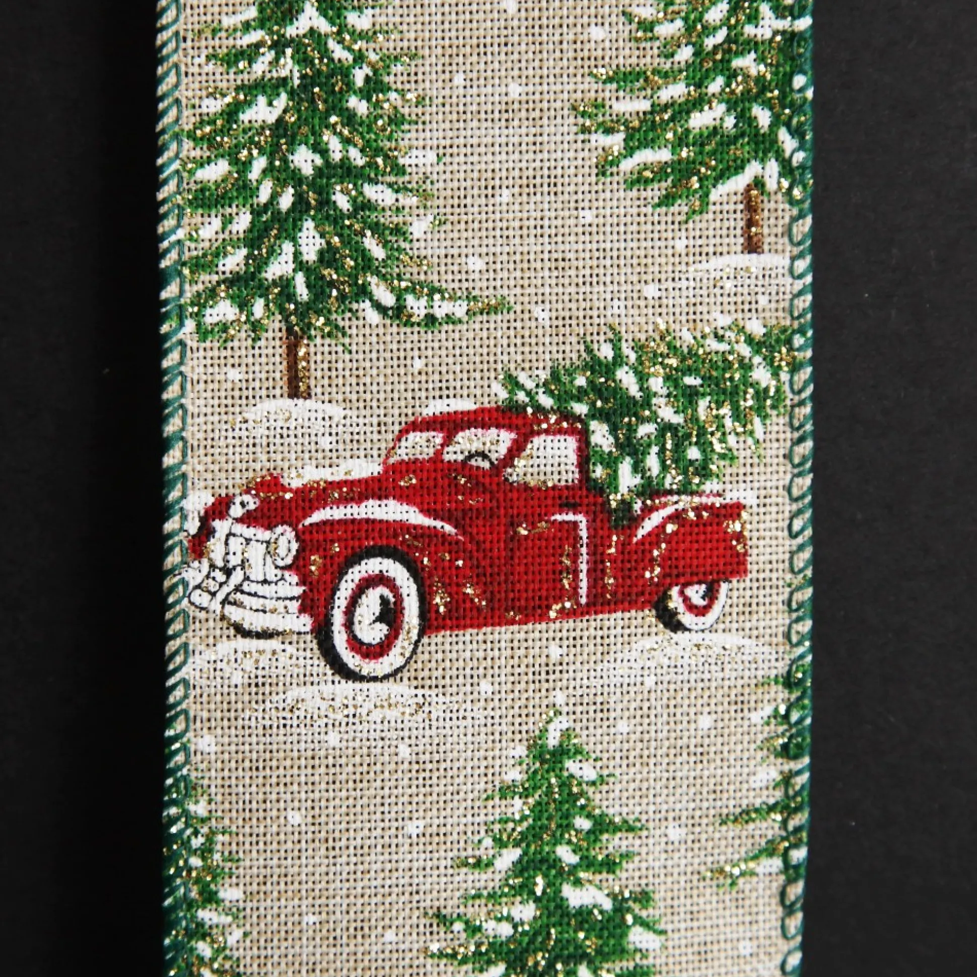 Christmas Ute with Snowy Trees Natural Linen Wired Ribbon - 6.25cm Ribbons|