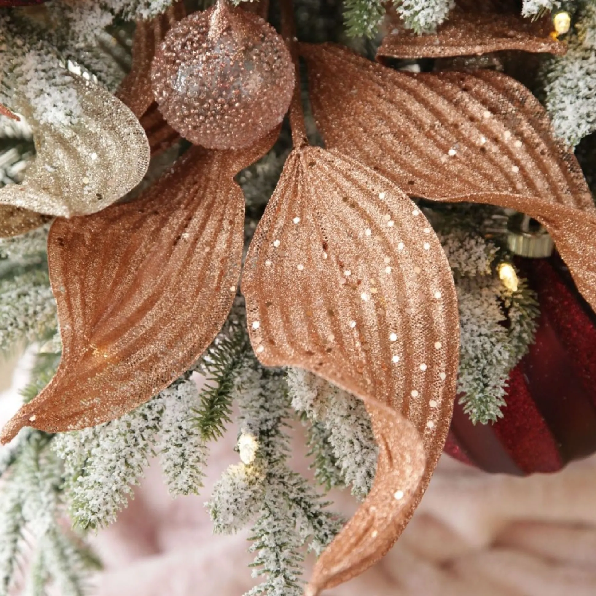 Copper Blush Curved Leaf Glitter Spray Christmas Sprays|