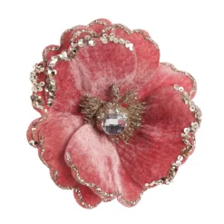 Dark Pink Velvet Magnolia Flower Clip with Jewel Centre and Sequin Tips Christmas Flowers|