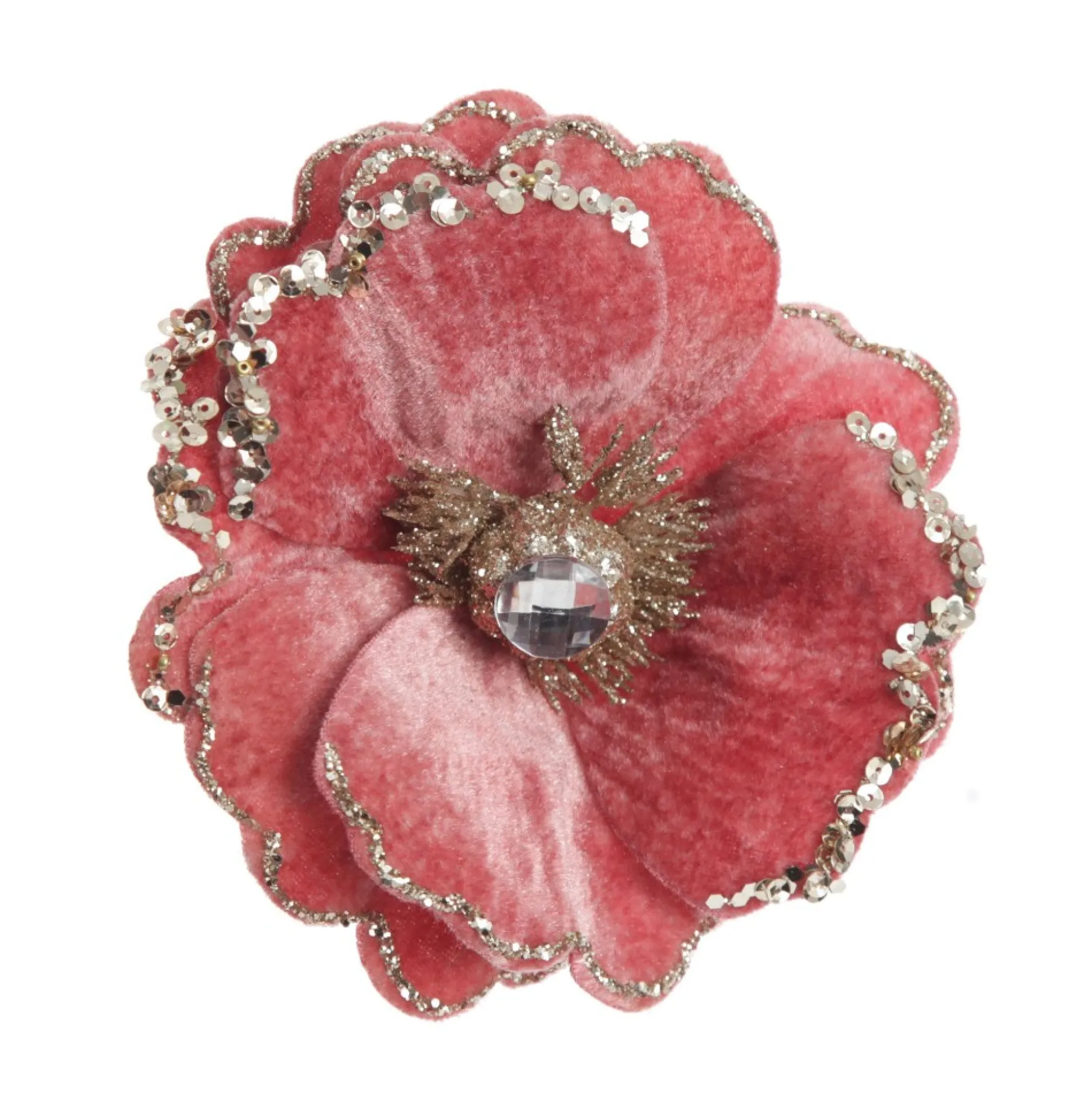 Dark Pink Velvet Magnolia Flower Clip with Jewel Centre and Sequin Tips Christmas Flowers|