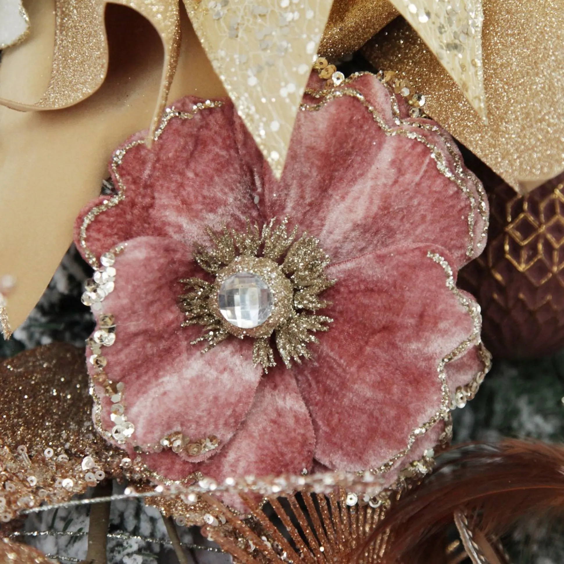 Dark Pink Velvet Magnolia Flower Clip with Jewel Centre and Sequin Tips Christmas Flowers|