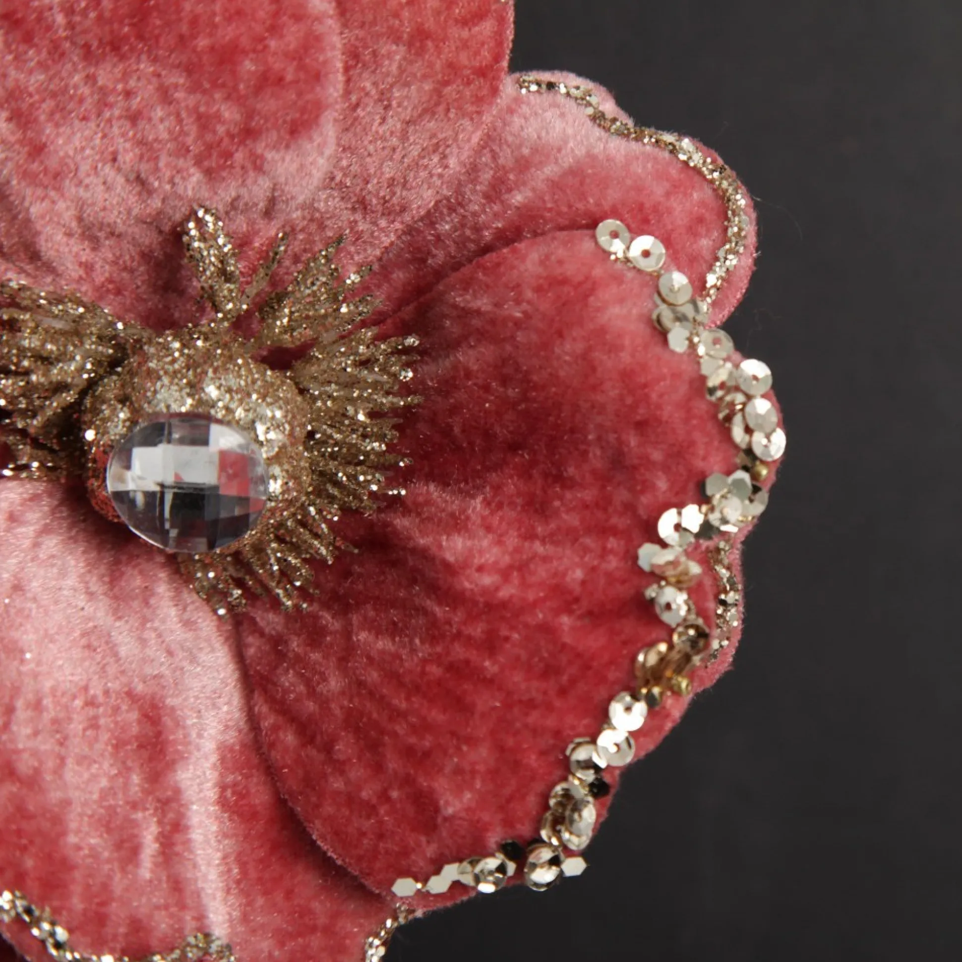 Dark Pink Velvet Magnolia Flower Clip with Jewel Centre and Sequin Tips Christmas Flowers|