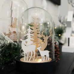 Dark Wood Base Glass Cloche with Reindeer Light-Up Scenes And Ornaments|