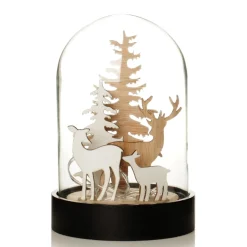 Dark Wood Base Glass Cloche with Reindeer Light-Up Scenes And Ornaments|