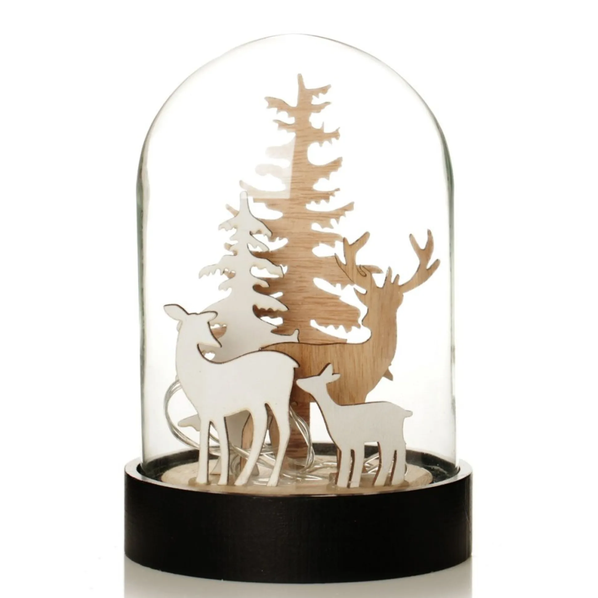 Dark Wood Base Glass Cloche with Reindeer Light-Up Scenes And Ornaments|
