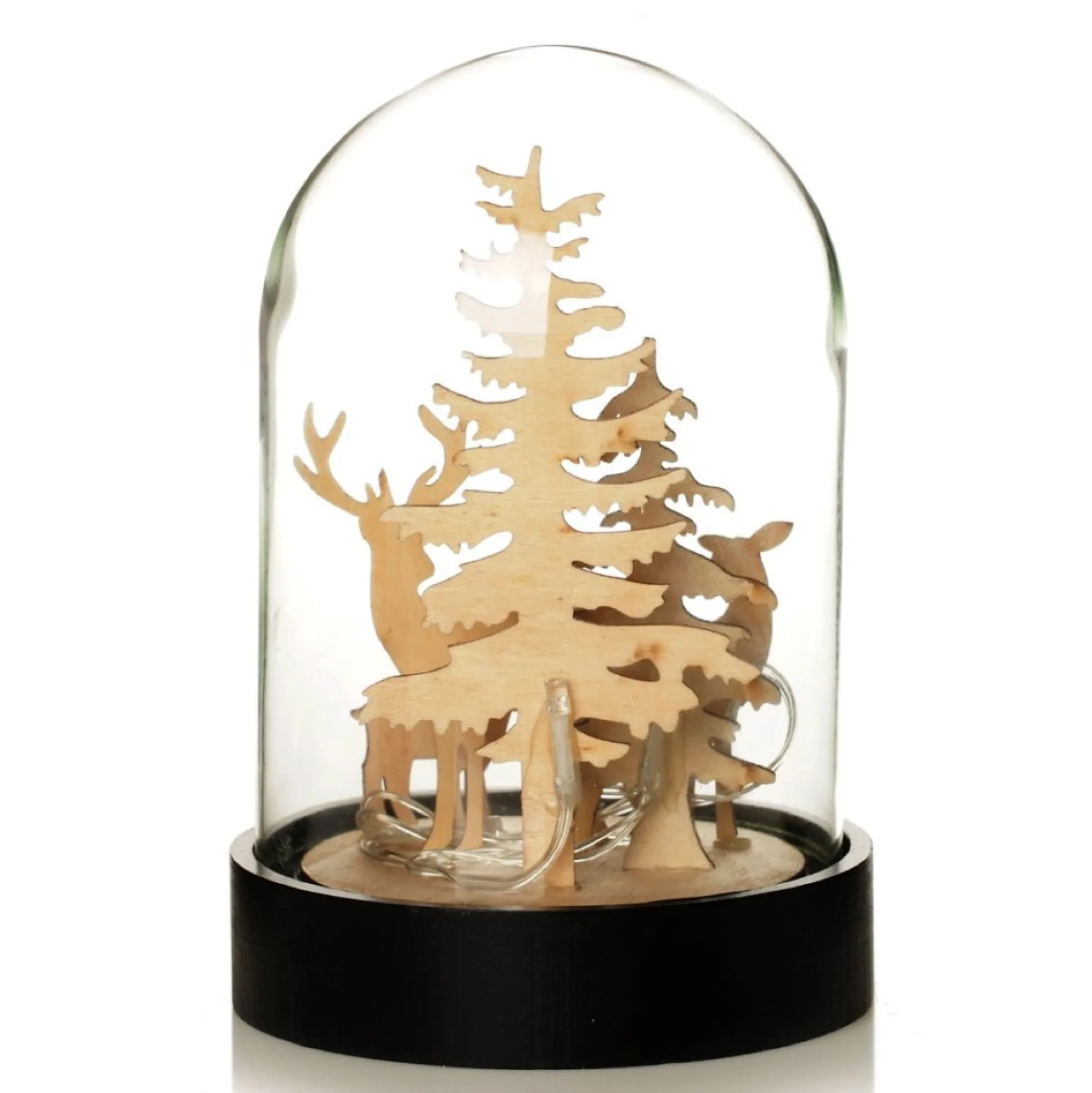 Dark Wood Base Glass Cloche with Reindeer Light-Up Scenes And Ornaments|