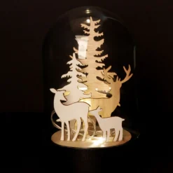 Dark Wood Base Glass Cloche with Reindeer Light-Up Scenes And Ornaments|