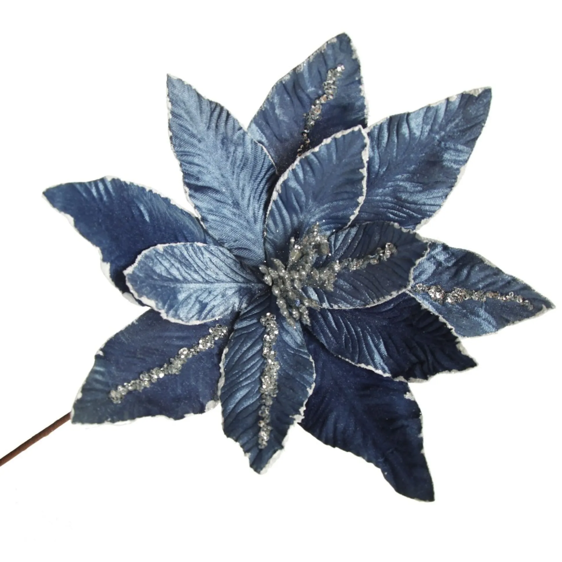 Denim Blue Poinsettia Flower Stem with Silver Glitter Highlights Christmas Flowers|