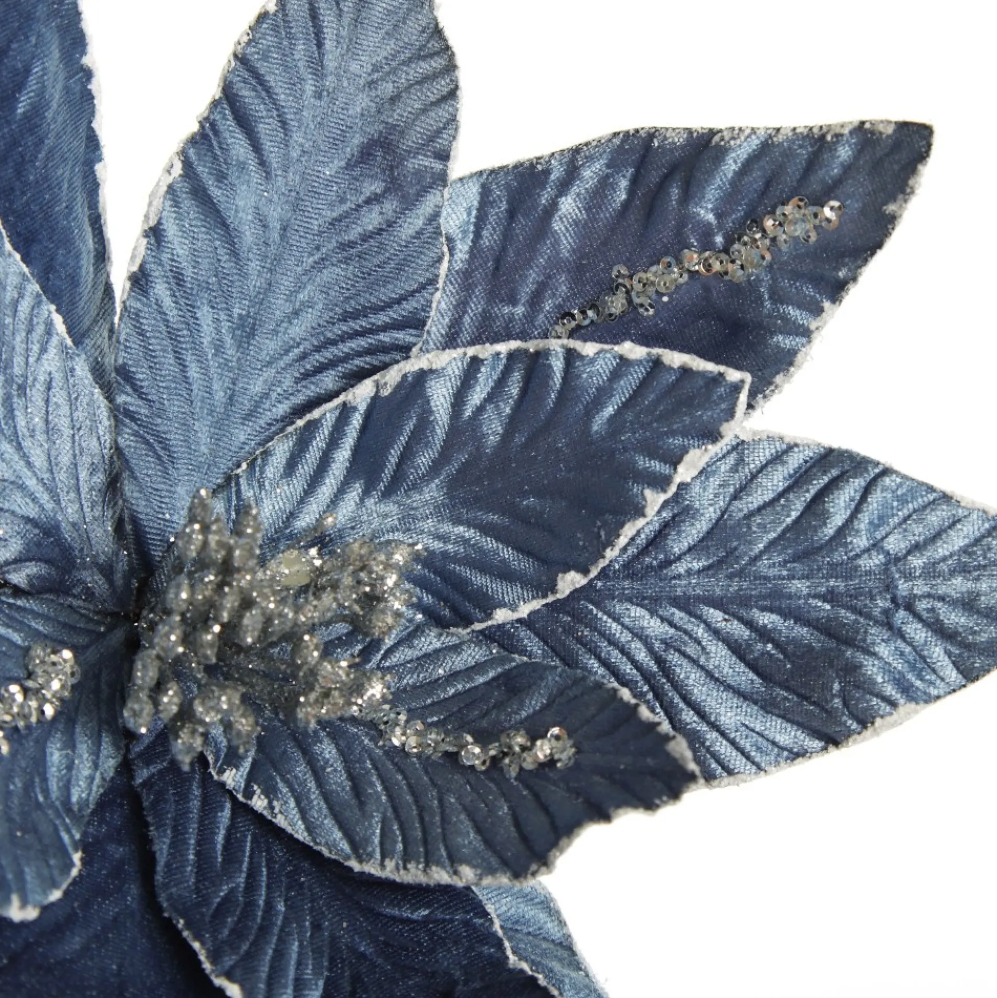 Denim Blue Poinsettia Flower Stem with Silver Glitter Highlights Christmas Flowers|