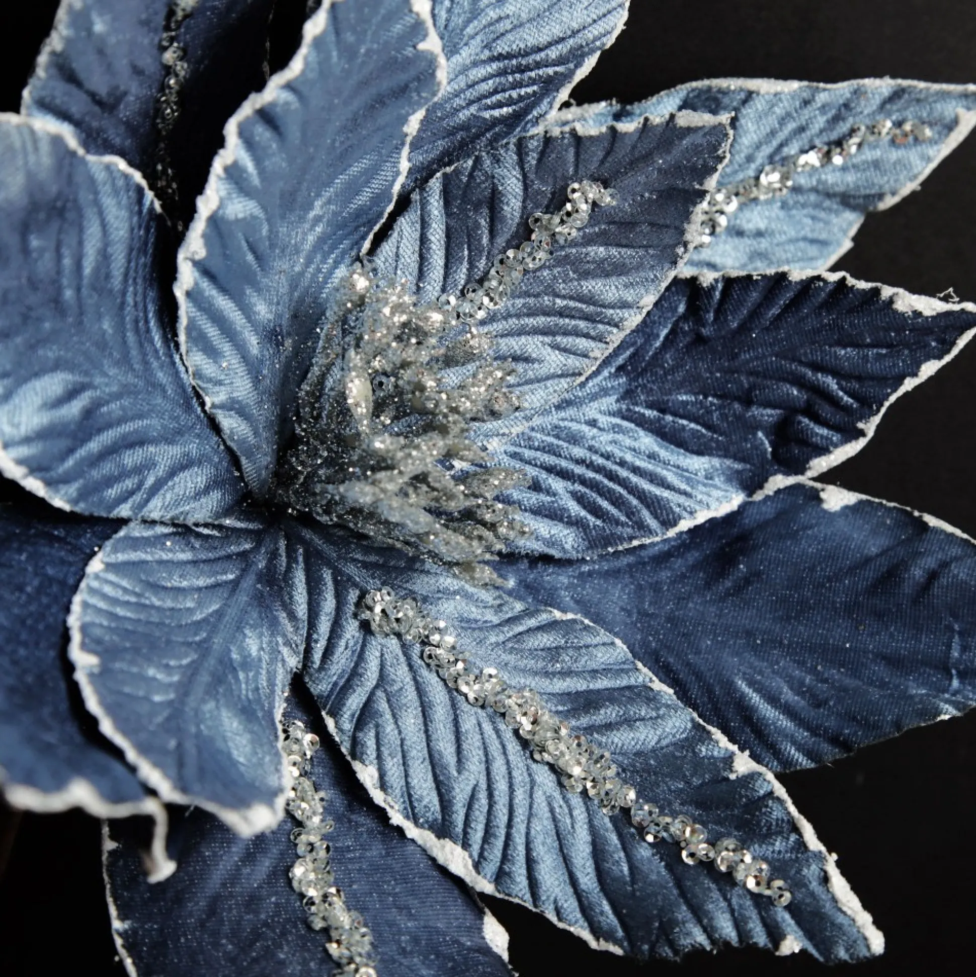Denim Blue Poinsettia Flower Stem with Silver Glitter Highlights Christmas Flowers|