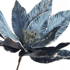 Denim Blue Poinsettia Flower Stem with Silver Glitter Highlights Christmas Flowers|